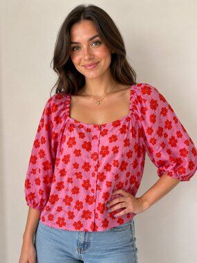 $89 Sanctuary Pink & Red Floral Puff Sleeve Blouse Size Small